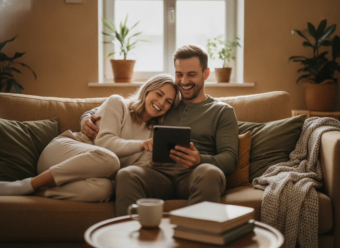 Couple relaxing at home reviewing payment options together