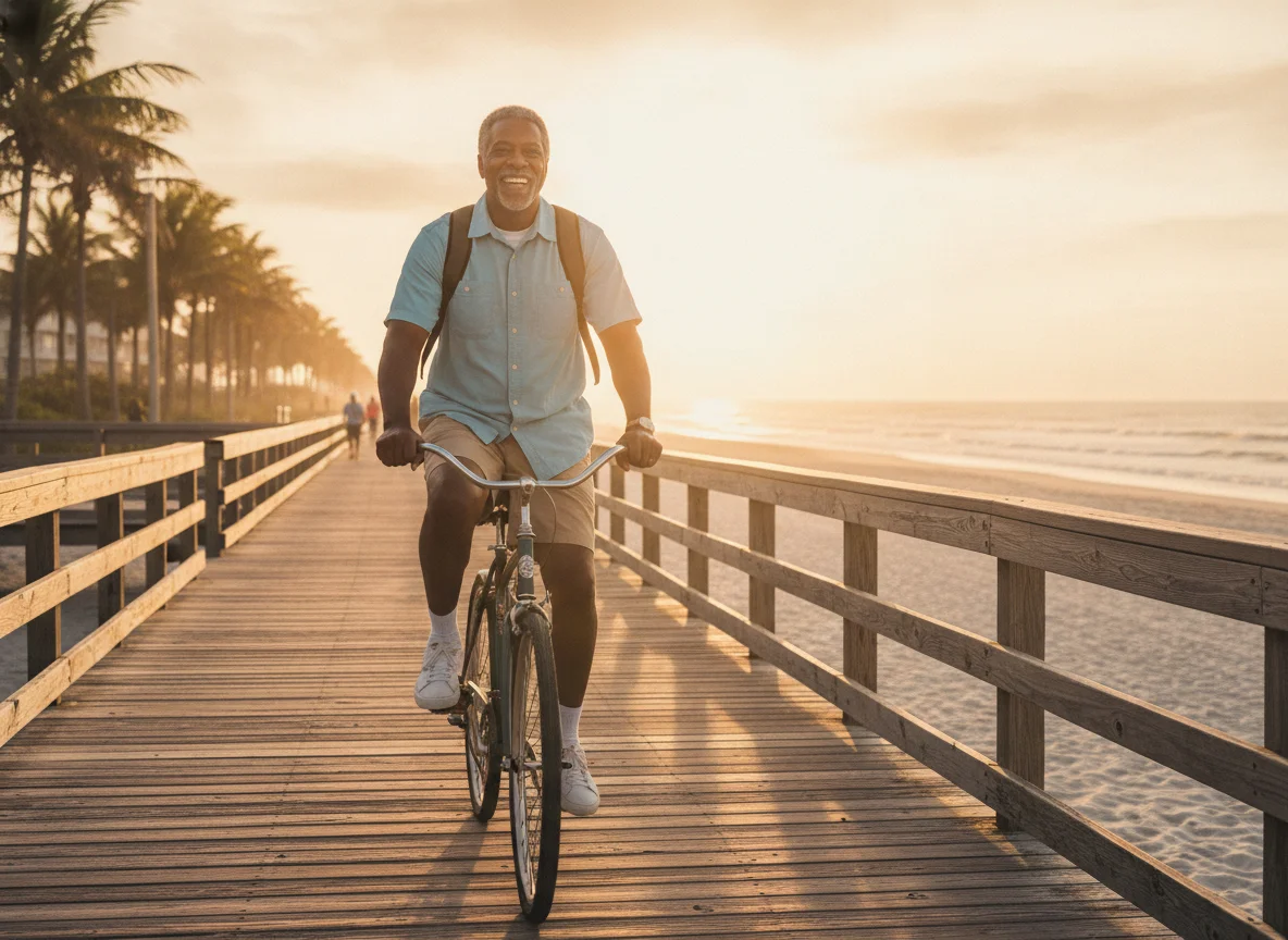 Man riding a bicycle on a beach boardwalk